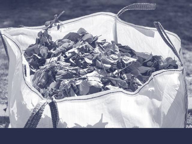 Big Bag gefüllt mit Grünschnitt aus Ästen und Laub steht abholbereit auf dem Rasen